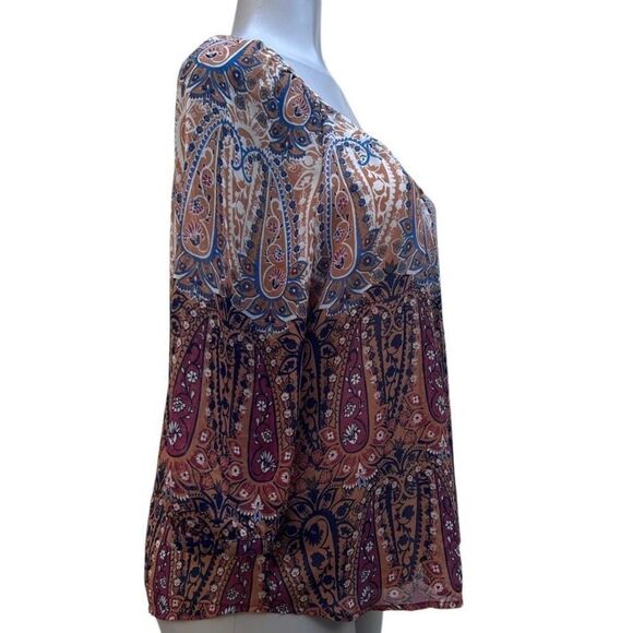 Sara Michelle Peasant Blouse Women's Petite L Neutral Paisley Keyhole 3/4 Sleeve - Picture 4 of 14
